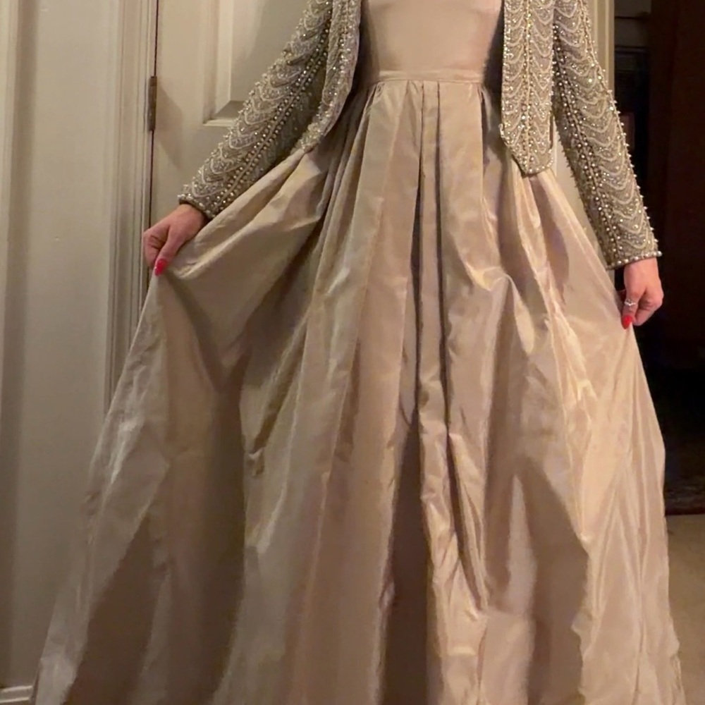 Victoria Royal Beige Evening Gown with Beaded Jacket - Picture 4 of 8